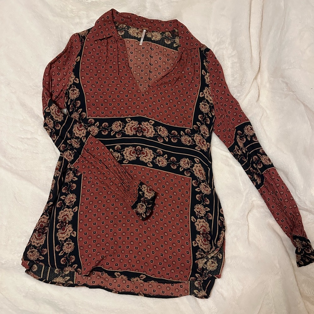 Free People Changing Times Tunic Top Boho Women Size XS Rose Pink Black Long Slv